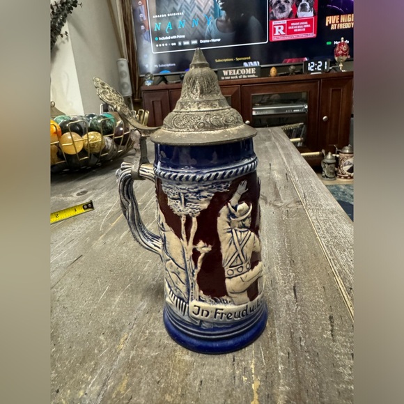 Vintage DBGM West German Pewter Lidded Beer Steins Blue/white - Picture 2 of 8